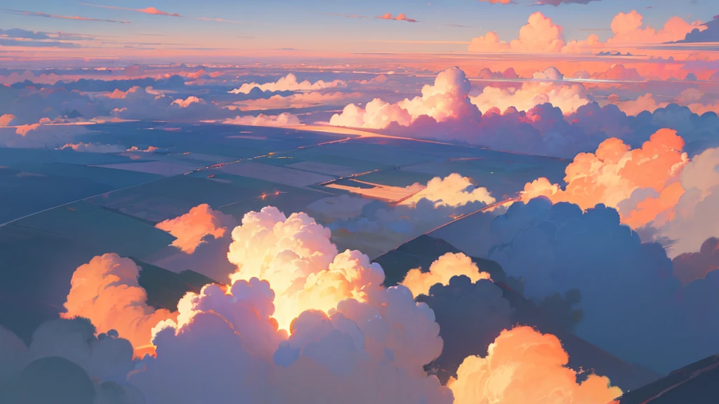 (masterpiece, highest quality:1.2), highest quality, masterpiece, high resolution, anime style, Skyscape, ultra detailed, Skyscape illustration, realistic, super wide sky, sky as far as the eye can see, morning glow, Orange-tinged gradient sky, Large number of utility poles piercing the sky, Unrealistic, horizon, morning sky, coverd in the cloud, The Land of Clouds, (Shinkai Makoto style:0.5), Looking down on a viewpoint