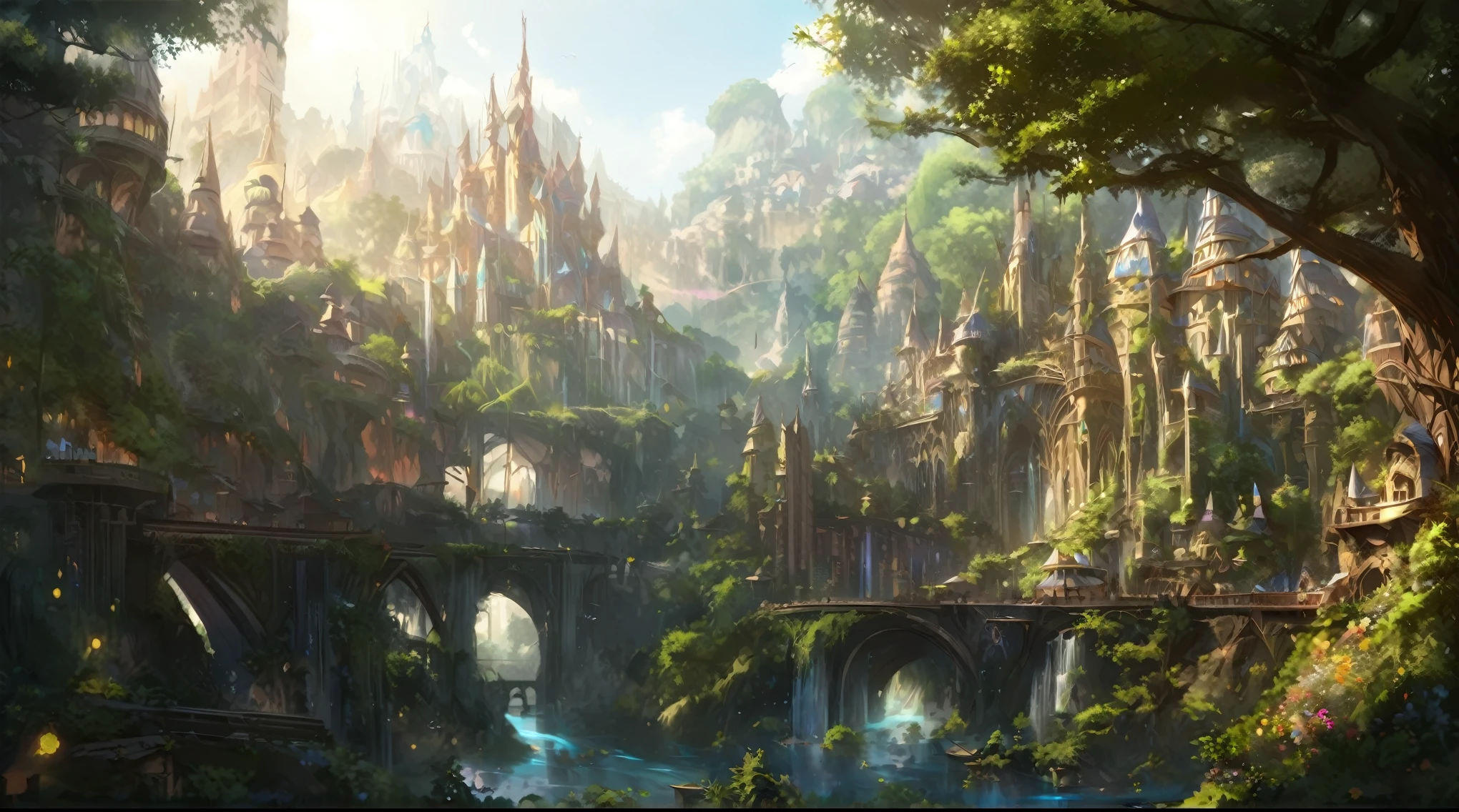 Create a stunning, high-quality Futuristic Elven City with Elven Architechture image that captures the beauty and majesty of nature. Metropolish, lot of Elven Building, The image should include vivid colors, intricate details, and a sense of tranquility, making it perfect for showcasing the splendor of the natural world. Masterpiece, High Quality
