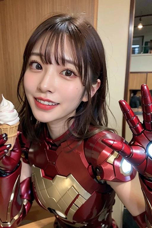 Tabletop, Highest quality, figure, Super detailed, In detail, High resolution, 8k wallpaper, Perfect dynamic composition, 1 beautiful girl, perfect face, (Look at the parfait), shining long Hair with bangs, slender chest, toothy big smile,Dimples、 20-year-old girl, One girl, alone, Realistic,(ice cream, ice cream cone:1.25)、(Beautiful Japanese Girls,droppy big eyes:1.23)、(wearing a metallic Iron Man Suit、metal shine:1.4),(iron man pose:1.5)
