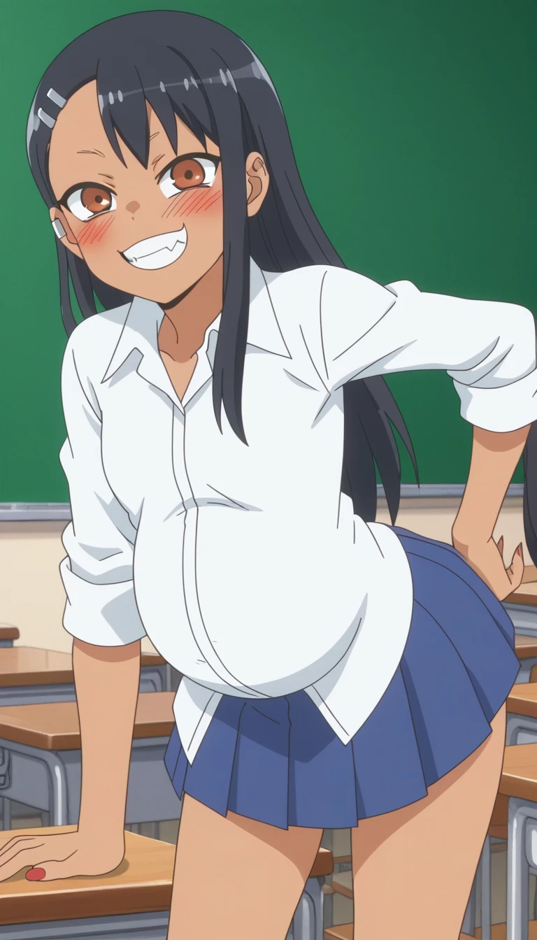 score_9, score_8_up, score_7_up, source_anime, anime screencap, anime coloring, 
hayasenagatoro,
hayase nagatoro, ((obese)), ((morbid obesity)), ((very drunk)), ((staggers)), ((agitated)), ((provocative)), ((small breast)), ((belly stuffed)), long hair, bangs, black hair, hair ornament, brown eyes, hairclip, fang, dark skin, dark-skinned female, tan,
skirt, ((shirt unbuttoned)), ((white shirt unbuttoned)), pleated skirt, nail polish, blue skirt, red nails, earclip,
indoors, classroom, bent over, smile,
looking at viewer, solo,