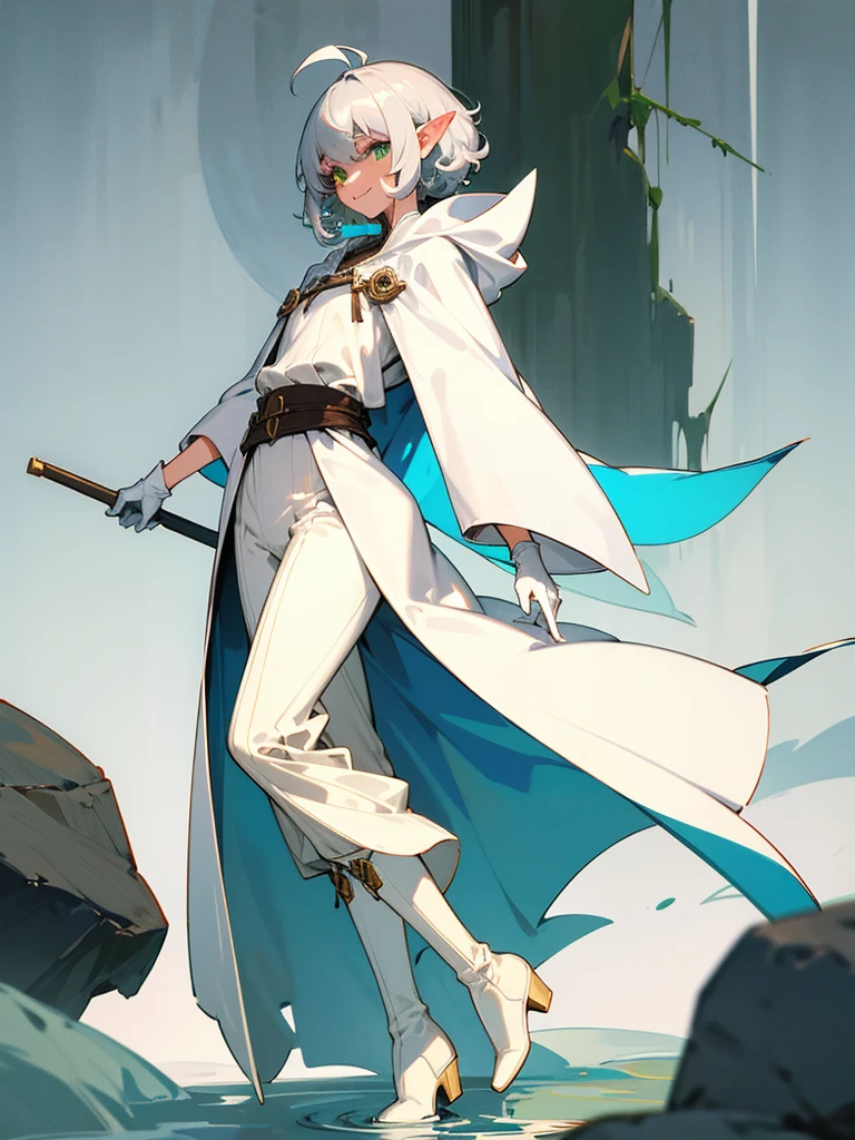 Elf, silver hair,short hair, medium cut, ahoge, curly hair,green eyes,slender, fair skin, cool Smile, robe, cloak, White gloves, long boots, pants