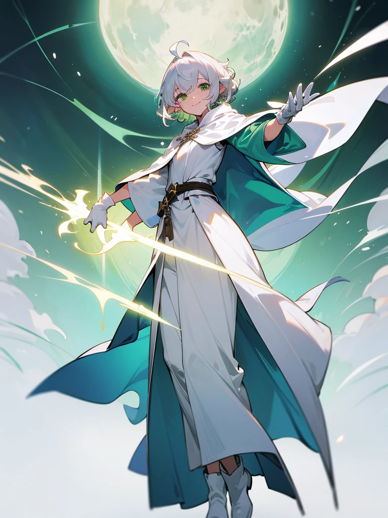 Elf, silver hair,short hair, medium cut, ahoge, curly hair,green eyes,slender, fair skin, cool Smile, robe,  cloak, White gloves, long boots, pants