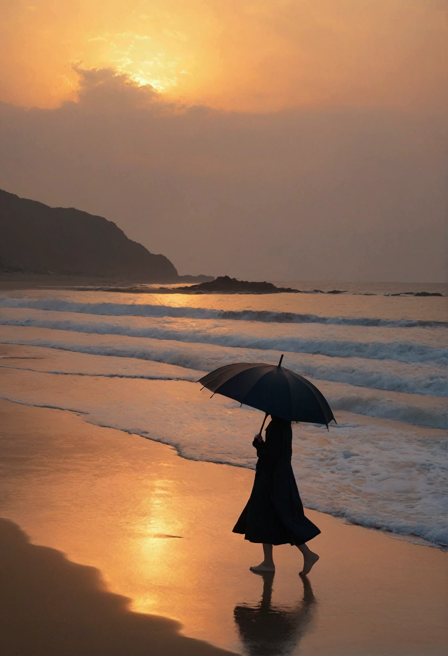 8K, Vivid picture quality, long deserted beach, Woman with short and medium hair walking slowly in the distance, beautiful appearance, Female models, sunset의 붉은 빛, sunset, alone, afternoon, depressed, tide가 밀려온다, rain, black umbrella, ocean, tide, wind, short korean girl, 잔잔한 tide