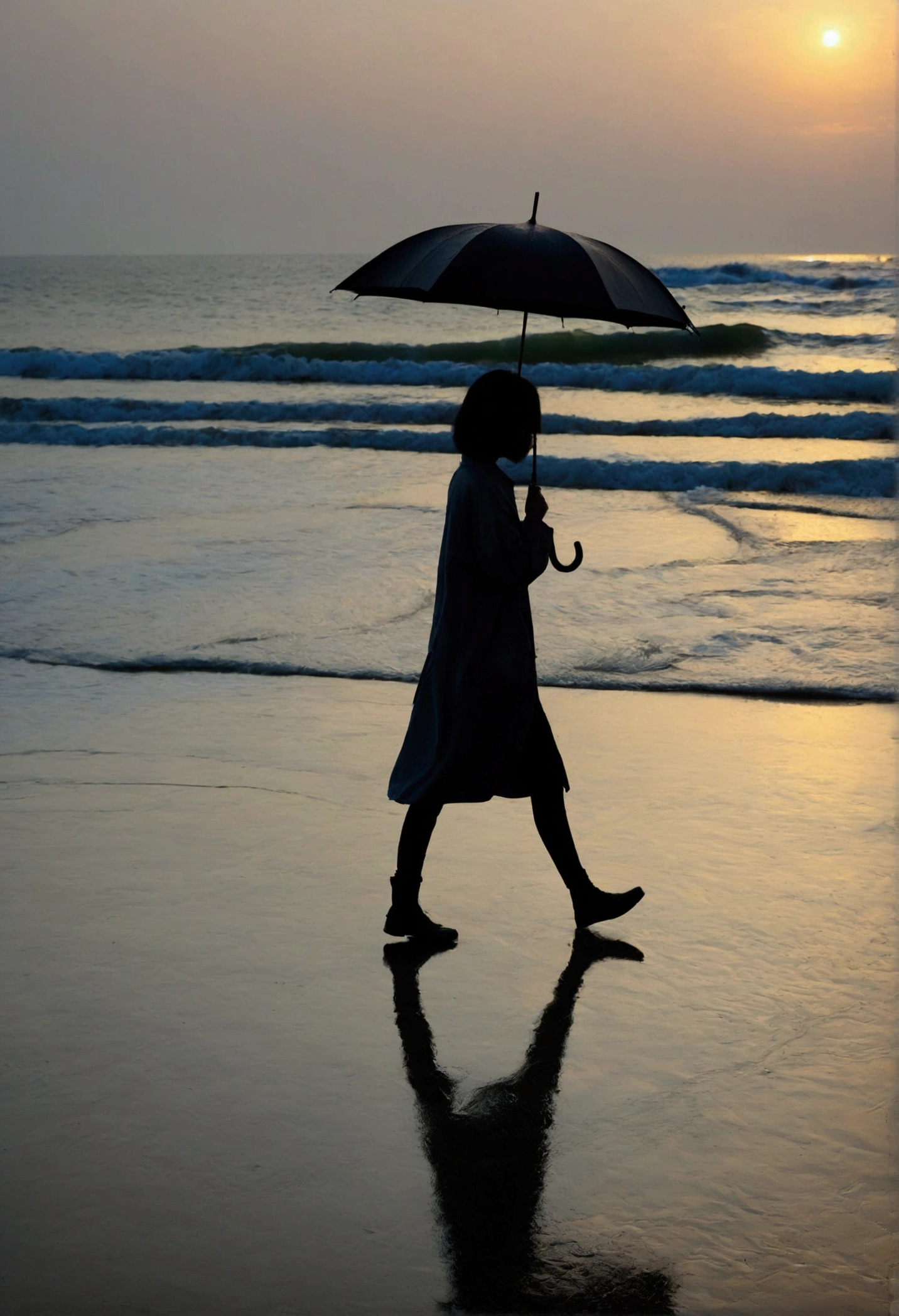 8K, Vivid picture quality, long deserted beach, Woman with short and medium hair walking slowly in the distance, beautiful appearance, Female models, sunset의 붉은 빛, sunset, alone, afternoon, depressed, tide가 밀려온다, rain, black umbrella, ocean, tide, wind, short korean girl, 잔잔한 tide
