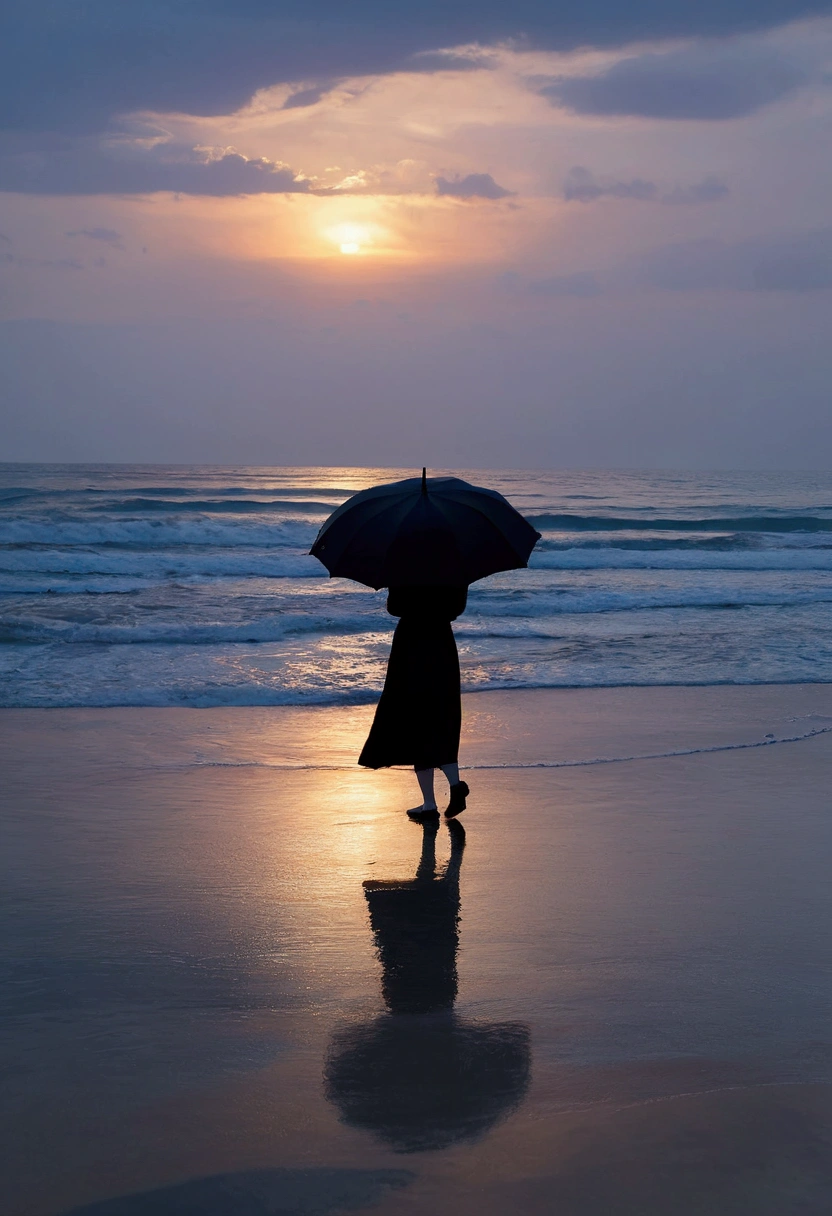 8K, Vivid picture quality, long deserted beach, Woman with short and medium hair walking slowly in the distance, beautiful appearance, Female models, sunset의 붉은 빛, sunset, alone, afternoon, depressed, tide가 밀려온다, rain, black umbrella, ocean, tide, wind, short korean girl, 잔잔한 tide