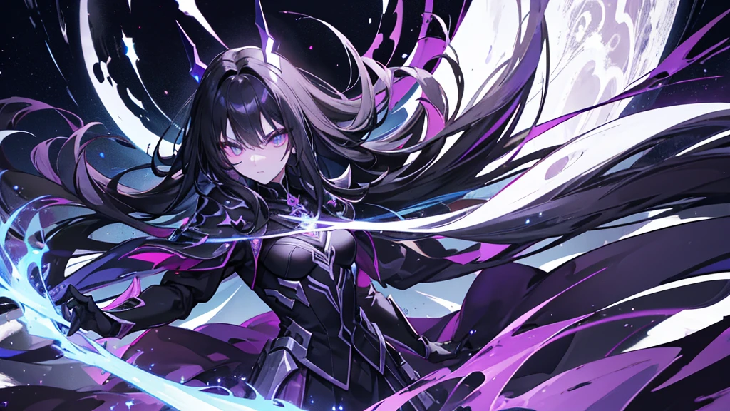 Physical characteristics: Hair: Long, shiny black, reaching to the middle of the back. I often let my hair spread out. Eyes: Deep purple, sparkling like stars on a dark night. Skin: Pale white but with a mysterious glow. Height: 170 centimeters Attire: Wears dark black robes decorated with ancient magic symbols. and wore black leather gloves weapon: Shadowblade: A long sword that glows with black light that can drain life from enemies and increase Miranda's power