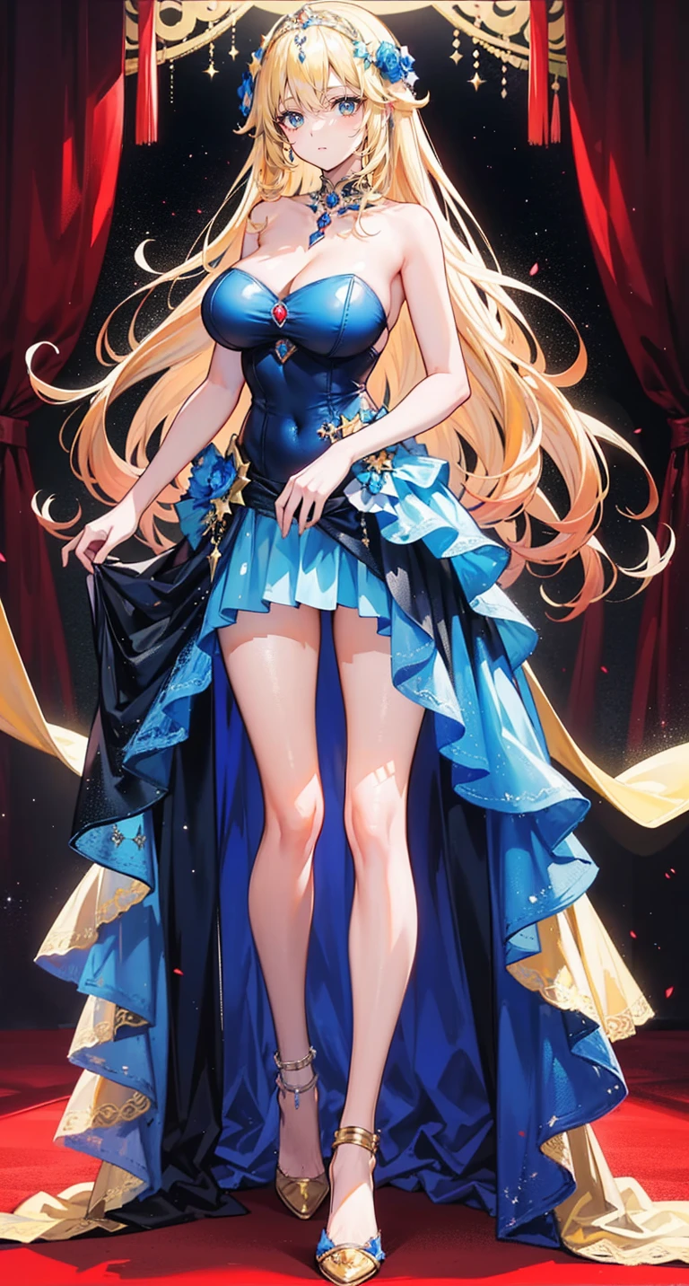 beautiful woman，(has long golden hair)，nobility，(princess)，blue student，Tall figure，((Strapless dress))，low skirt，(Star evening dress)，Show your legs，Crystal heels，red carpet，prom website，(nobility)，(big tits)