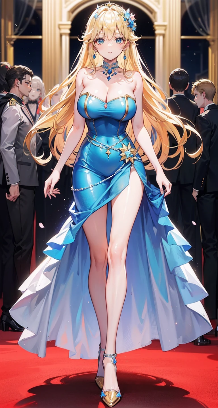 beautiful woman，(has long golden hair)，nobility，(princess)，blue student，Tall figure，((Strapless dress))，low skirt，(Star evening dress)，Show your legs，Crystal heels，red carpet，prom website，(nobility)，(big tits)