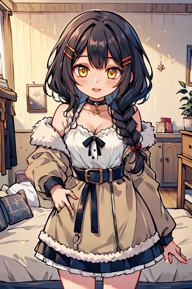 (masterpiece:1.2), (high quality:1.2), (hui xiyi:0.7), rekkyo sensen, rekkyou sensen, chibi, girls with((1girl, solo, black hair, yellow eyes, (wavy medium hair, braids, hairclips:1.3), blush, breasts, choker, cleavage, coat, cowboy shot, blue frills dress, ribbon waist belt, collar, collarbone, rosary, rosary choker, cross, fur, fur trim, parka, khaki hoodie, green hoodie, hood down, hooded coat, hooded jacket, hoodie, jacket, large breasts, long sleeves, medium breasts, open clothes, open coat,open hoodie, sleeveless, winter clothes, zipper, cleavage, upper body, hand up, waving, palm)), background with((bedroom, room:2.0))