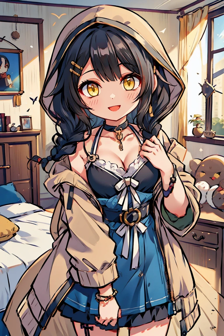 (masterpiece:1.2), (high quality:1.2), (hui xiyi:0.7), rekkyo sensen, rekkyou sensen, chibi, girls with((1girl, solo, black hair, yellow eyes, (wavy medium hair, braids, hairclips:1.3), blush, breasts, choker, cleavage, coat, cowboy shot, blue frills dress, ribbon waist belt, collar, collarbone, rosary, rosary choker, cross, fur, fur trim, parka, khaki hoodie, green hoodie, hood down, hooded coat, hooded jacket, hoodie, jacket, large breasts, long sleeves, medium breasts, open clothes, open coat,open hoodie, sleeveless, winter clothes, zipper, cleavage, upper body, hand up, waving, palm)), background with((bedroom, room:2.0))