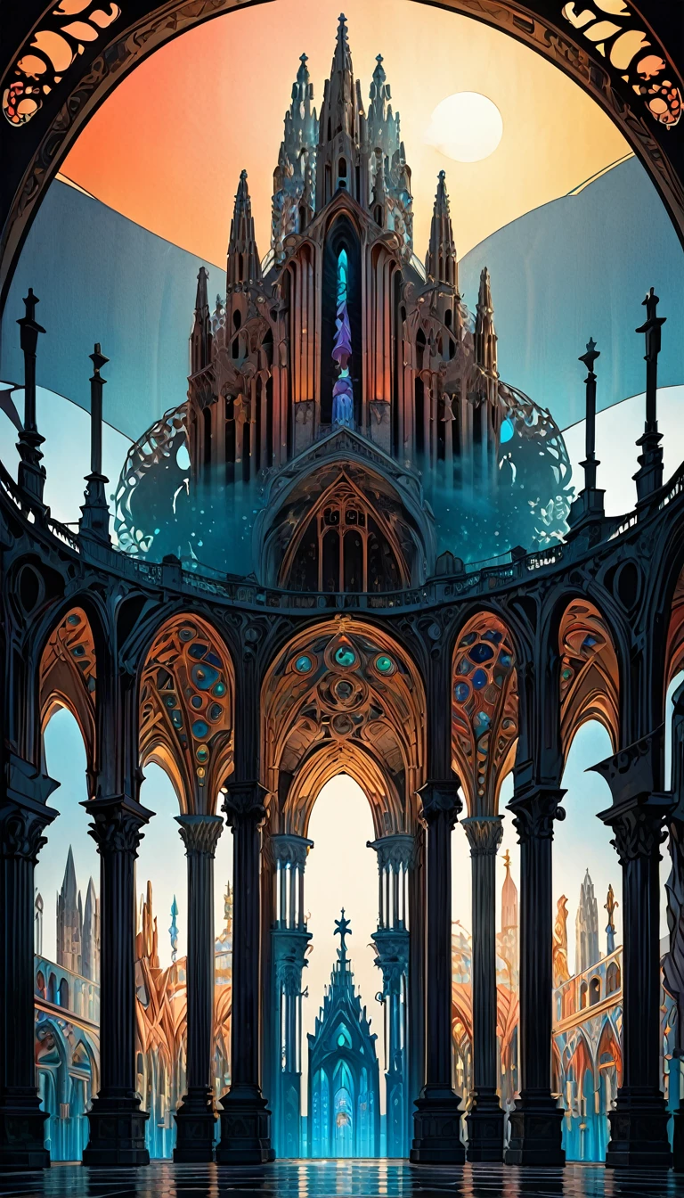 huge arenas like the Sagrada Família, delicate and meticulous buildings in the Gothic, Romanesque, Baroque, Renaissance, Rococo, Art Nouveau and Northern Renaissance styles towering over the deep sea, conceptual installation art, 2.5D, delicate and dynamic, magic of vivid color shades and contrasts, gradation, foggy filter effect, sun light effects