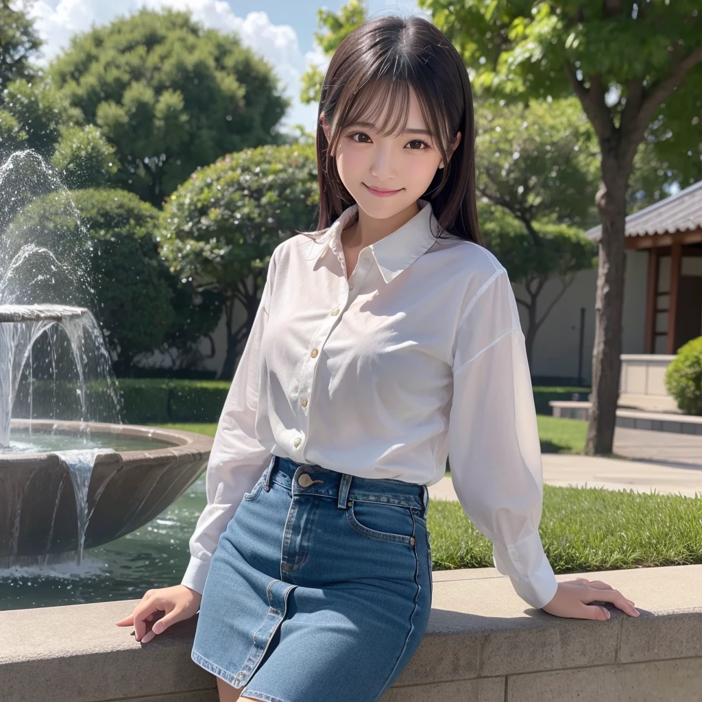 HD detailed, Super detailed, Realistic,Hyperrealism,Best image quality、Highest quality、masterpiece、Ultra-high resolution、8K、immature、Like the picture:1.5、Professional Lighting、Park fountain、Young Japanese Woman,Stylish、、Slender、、A kind smile、Wear a denim long-sleeve shirt with buttoned collar and a denim skirt、Soaked clothes、Damp clothes、View from the side