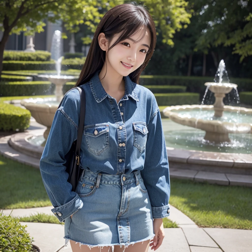 HD detailed, Super detailed, Realistic,Hyperrealism,Best image quality、Highest quality、masterpiece、Ultra-high resolution、8K、immature、Like the picture:1.5、Professional Lighting、Park fountain、Young Japanese Woman,Stylish、、Slender、、A kind smile、Wear a denim long-sleeve shirt with buttoned collar and a denim skirt、Soaked clothes、Damp clothes、View from the side