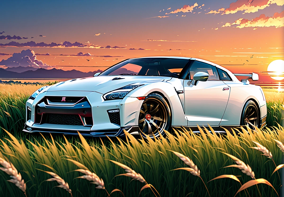 anime landscape of A pearl super Polar white color Nissan GTR sits in a field of tall grass with a sunset in the background.beautiful anime scene, beautiful anime peace scene, Makoto Shinkai Cyril Rolando, beautiful anime scene, amazing wallpaper, anime art wallpaper 8k, anime background, artistic anime background, anime wallpaper 4k, anime art 4k wallpaper, anime wallpaper art 4k.