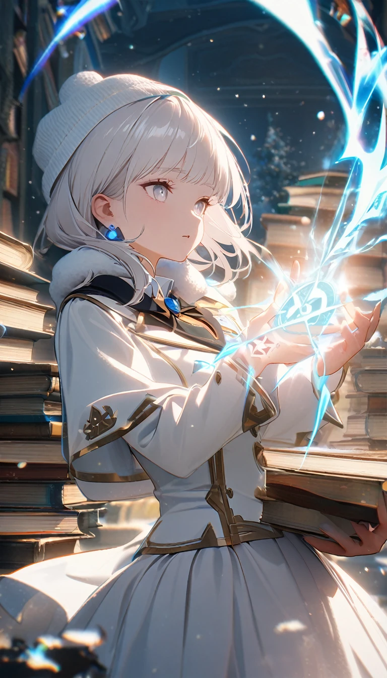 1girl,albino,snow white hair,white eyes,,white blazer with logo ,high waisted white skirt,perfect body, books,calm,white fluffy beanie,blue earrings,8k,high definition ,magic spell