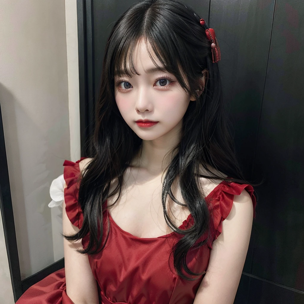 (masterpiece),(highest quality:1.0), (Ultra-high resolution:1.0), Detail view, 8k, anime, One girl, beautiful anime girl, Wearing a red dress, Flower Crown, Pretty face, Detailed face, Beautiful Eyes, Fine grain, Dark red eyes, Bright red lips, Red lipstick, Beautiful and stylish hair, Hair highlights, bangs anime style, highest quality, Vibrant