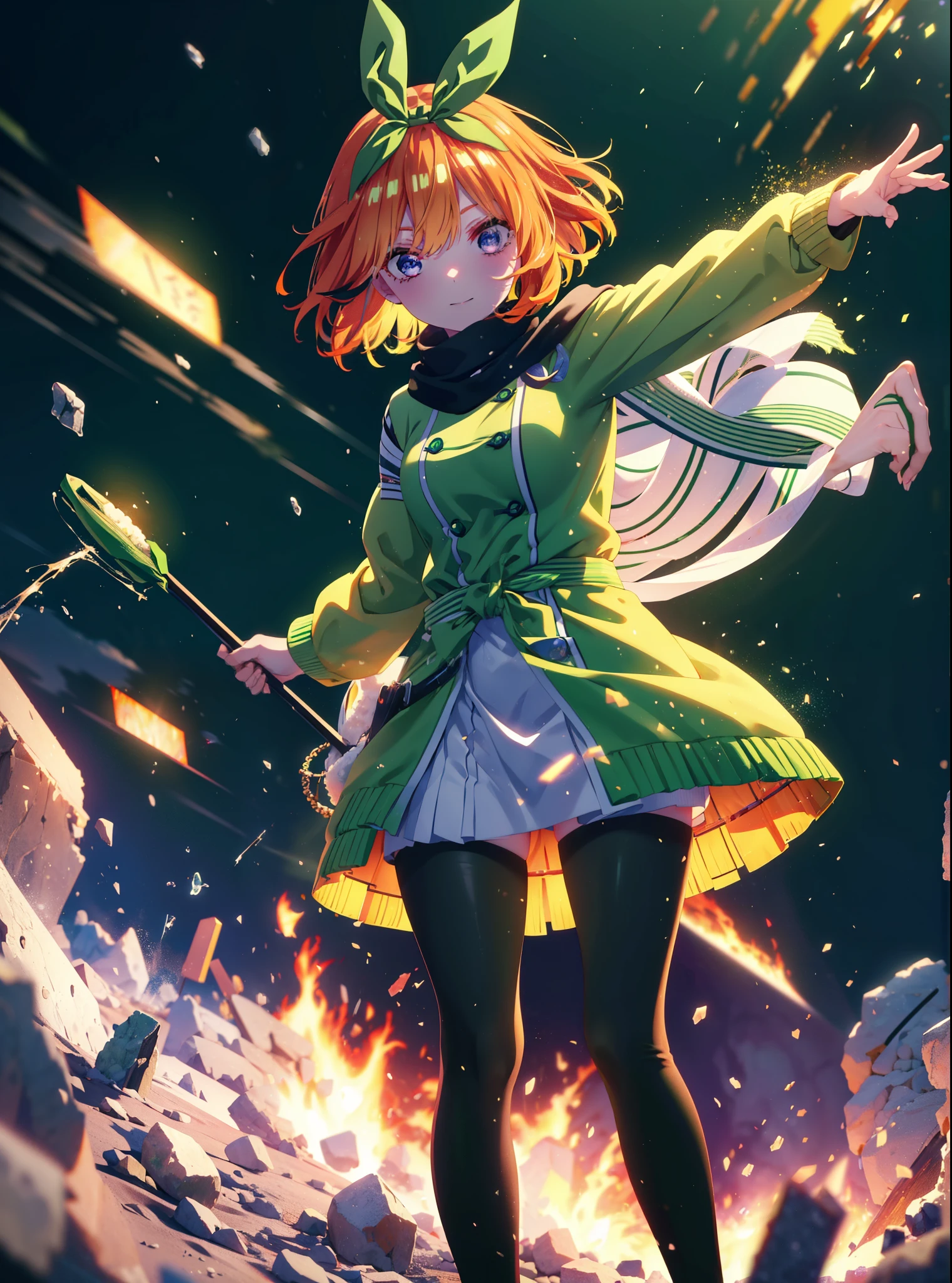 Yotsubanakano, Yotsuba Nakano, bangs, short hair, blue eyes, Hair between the eyes, hair ribbon, hair band, Orange Hair, (Green ribbon:1.5), smile,Green long coat,sweater,White scarf,Long skirt,Black pantyhose,short boots,It&#39;s snowing,Snow is piled up,Walking,whole bodyがイラストに入るように,night,
break ourdoors, In town,
break looking at viewer, whole body,
break (masterpiece:1.2), Highest quality, High resolution, unity 8k wallpaper, (figure:0.8), (Beautiful attention to detail:1.6), Highly detailed face, Perfect lighting, Highly detailed CG, (Perfect hands, Perfect Anatomy),