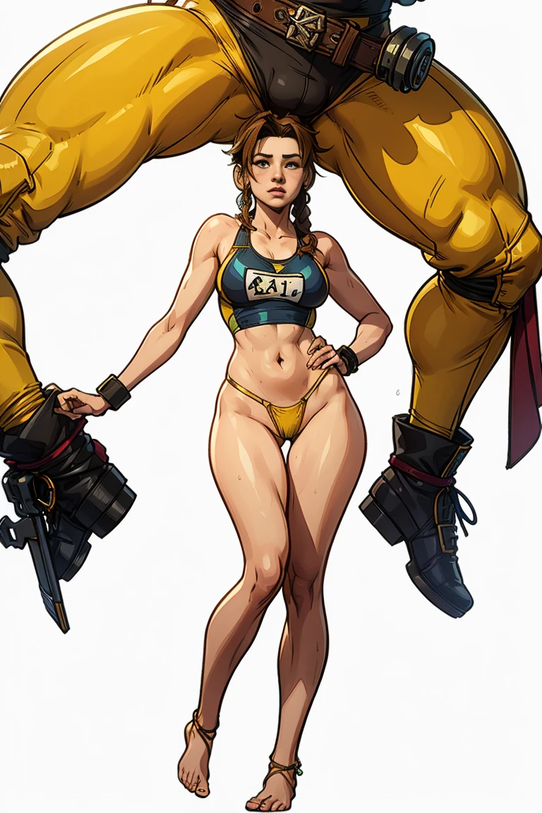 Aerith Gainsborough from final fantasy 7 rebirth, extremely detailed face, ((wearing sexy yellow thong swimsuit)), (full body), standing, barefoot, plain white background