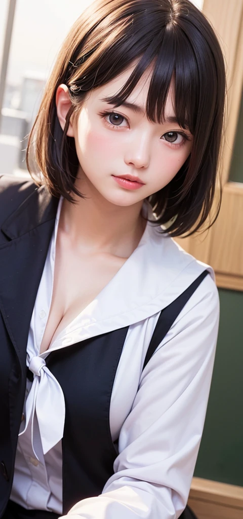 (1 Girl)、(Beautiful Japanese、18years old,round face、Refreshing、clear、seems kind、stylish、Pitiful、cute like an angel、cute、black eyes、,actress,Almond-shaped eyes,Translucent white skin、Beautiful skin), (((Good style))) , (((Beautiful big breasts:1.2))),(((soft breasts))),(very cute),(Black hair),(short bob hair),(enchanting eyes),(highlight on eyes:1.2)、(8K、Live shooting、highest quality、masterpiece:1.2、optimal lighting)、((masterpiece)),(Photo taken by a professional photographer),(real、photo real:1.4),break,{ (White nurse costume),(((taraditional nurse uniform)))},(tears:1.0))(cheeks are red:1.4), break, break,Old abandoned hospital,Face shot:1.3、looking at viewer, face close-up,Looking up、(Cleavage:1.6)、Peering in with a worried look on her face,Weak face,From below,(((dynamic angle)))