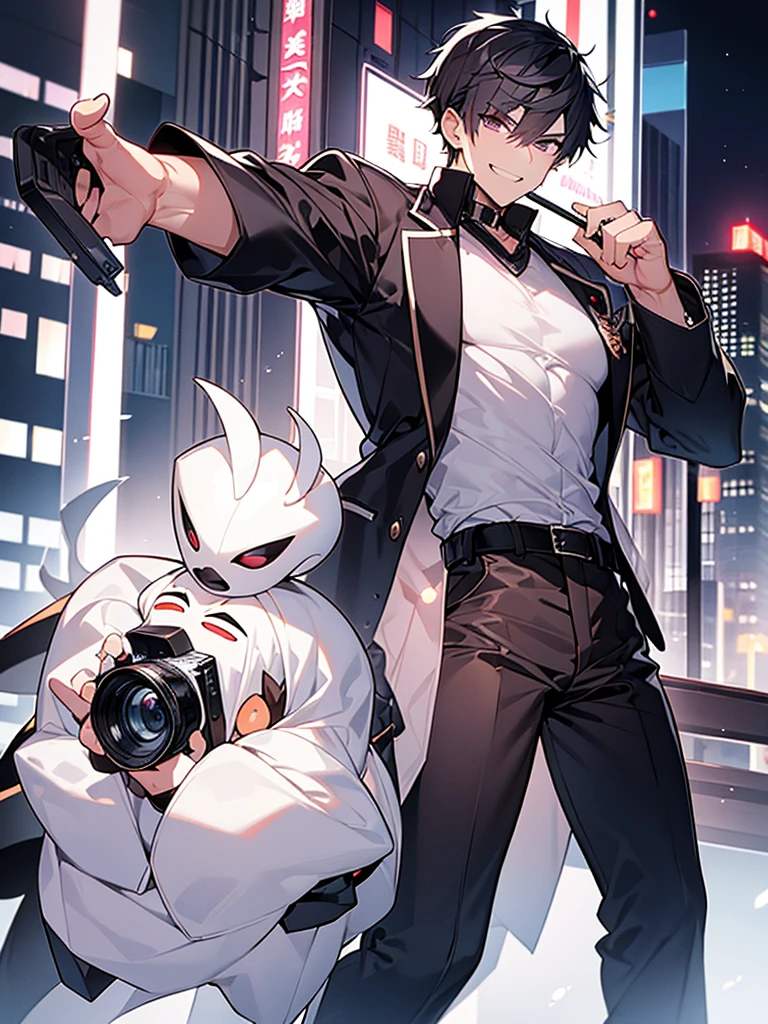 Have a professional camera:1.3、Villain、modern、Downtown at night、He has a bad appearance、Lean and muscular、Short cropped hair、A mean smile、White shirt、