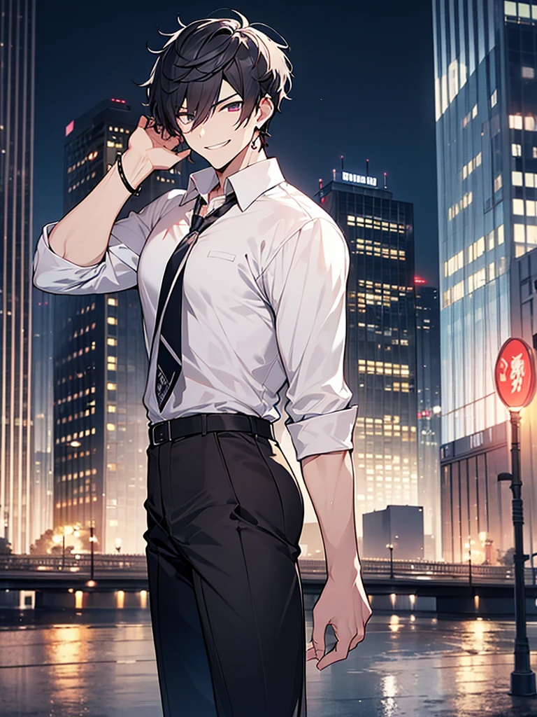 Have a professional camera:1.3、Villain、modern、Downtown at night、He has a bad appearance、Lean and muscular、Short cropped hair、A mean smile、White shirt、