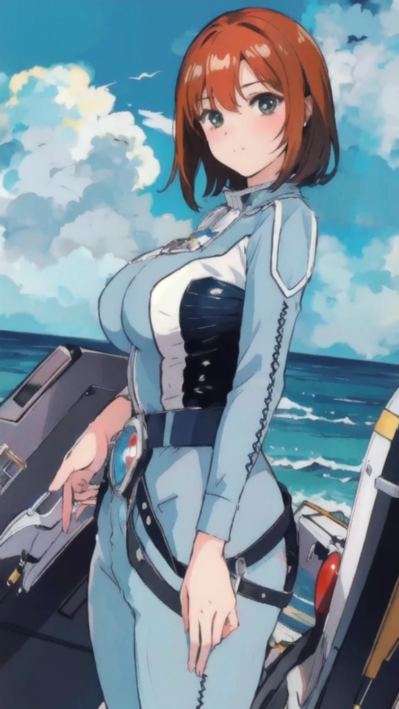 masterpiece, best quality, solo,1girl,looking at viewer,, cowboy shot,sea,anime style,
 anne、Ultra Guard Interioghter Aircraft Background、The bust is large