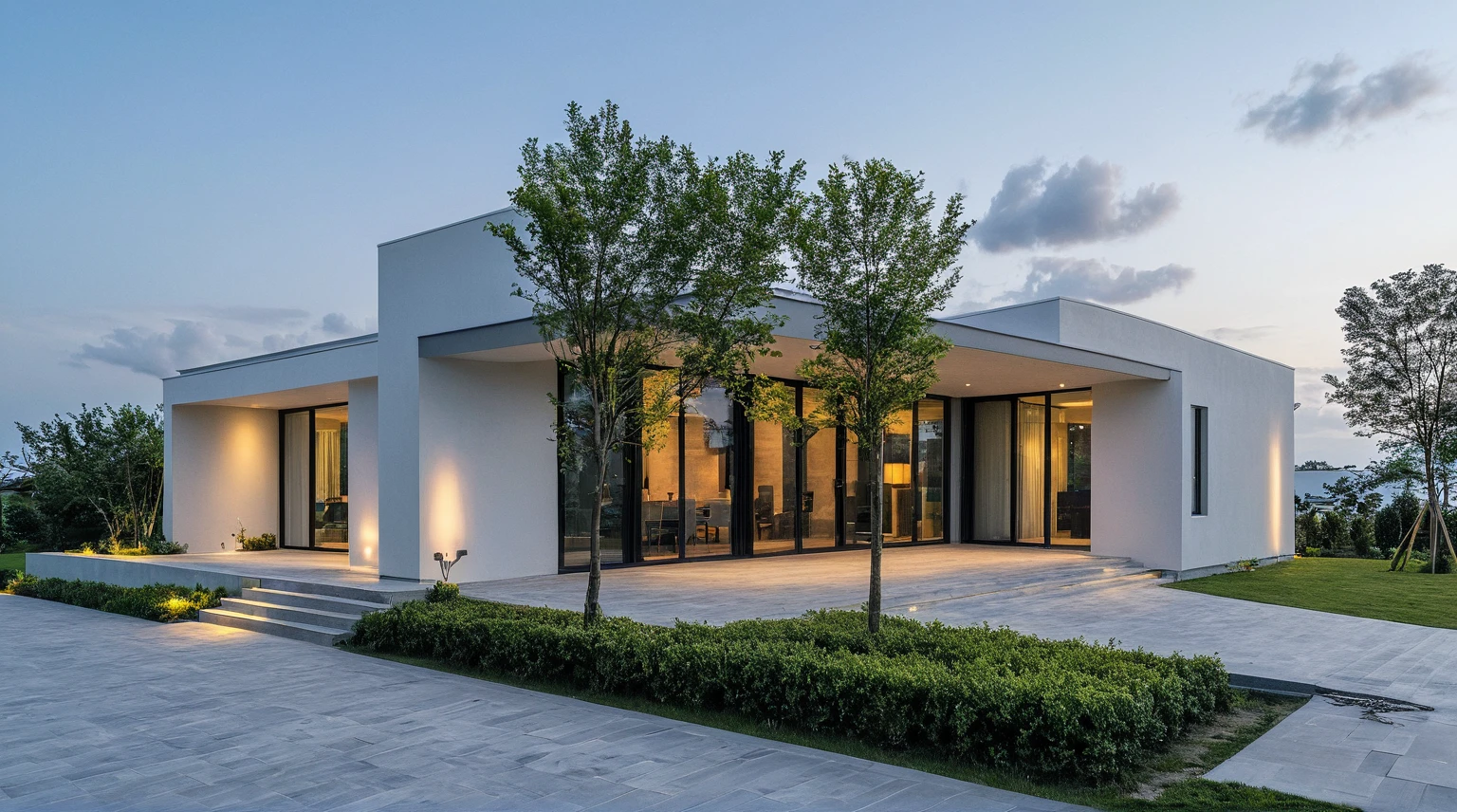 exterior, Masterpiece, high quality, best quality, authentic, super detail, outdoors, onestoreyvillaXL, aiaigroup, house style modern, white wall, glass window ,pavement, grass, trees, dusk sky, cloud, (daylight:1.1)
