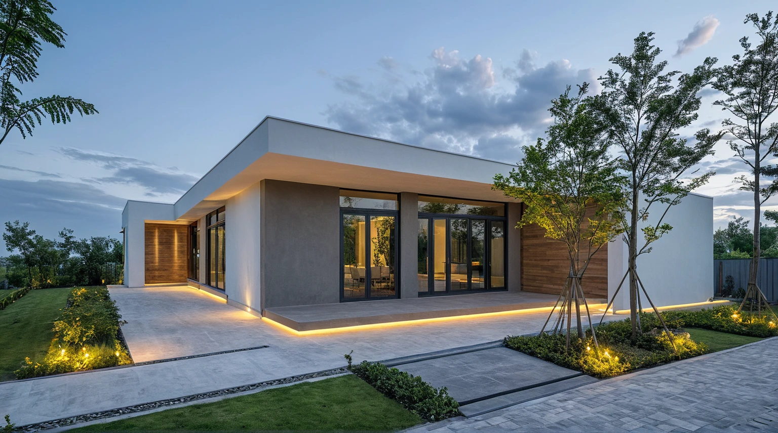 exterior, Masterpiece, high quality, best quality, authentic, super detail, outdoors, onestoreyvillaXL, aiaigroup, house style modern, white wall, glass window ,pavement, grass, trees, dusk sky, cloud, (daylight:1.1)