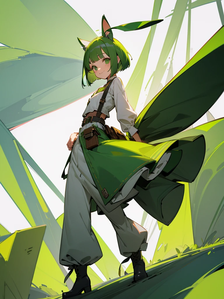 Green rabbit ears, green animal ears, a girl, bob cut, green hair, green eyes, look young, alone, short, tiny, Lolita, childhood, smile, overall, wide pants ,belt, waist bag, waist pouch, kawaii, cute, long boots, full body shot