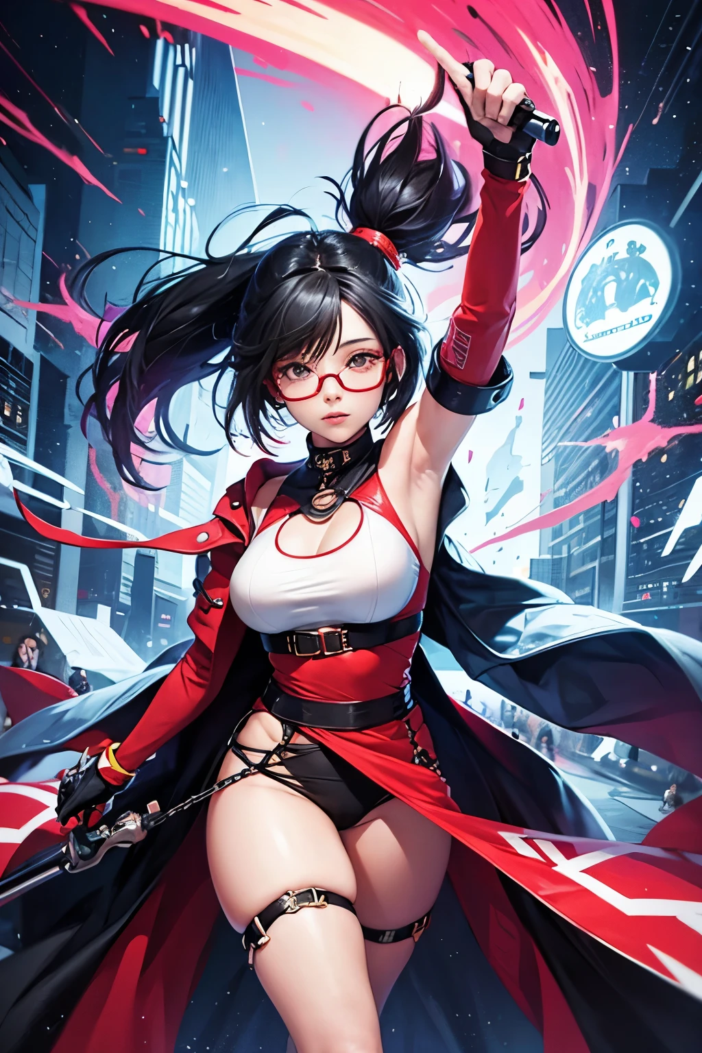 Girl with an urban style and striking colors and multiverse anime style glasses