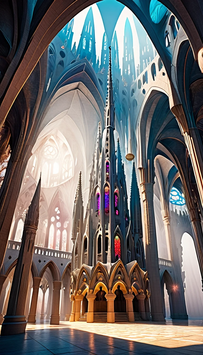 huge arenas like the Sagrada Família, delicate and meticulous buildings in the Gothic, Romanesque, Baroque, Renaissance, Rococo, Art Nouveau and Northern Renaissance styles towering over the deep sea, conceptual installation art, 2.5D, delicate and dynamic, magic of vivid color shades and contrasts, gradation, foggy filter effect, sun light effects