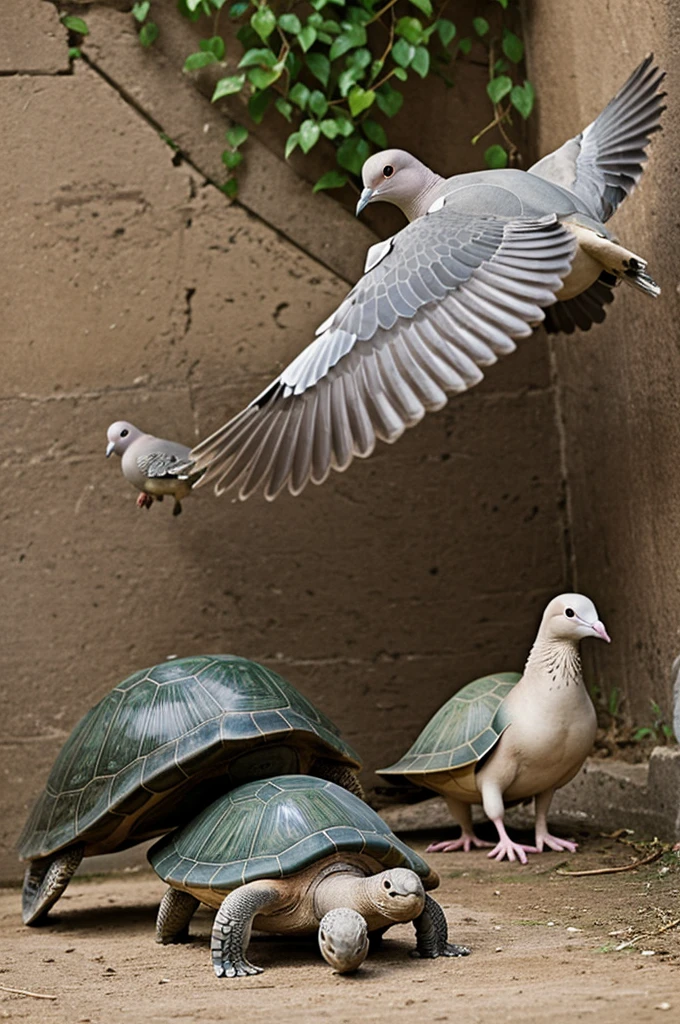 Two doves carrying a turtle
