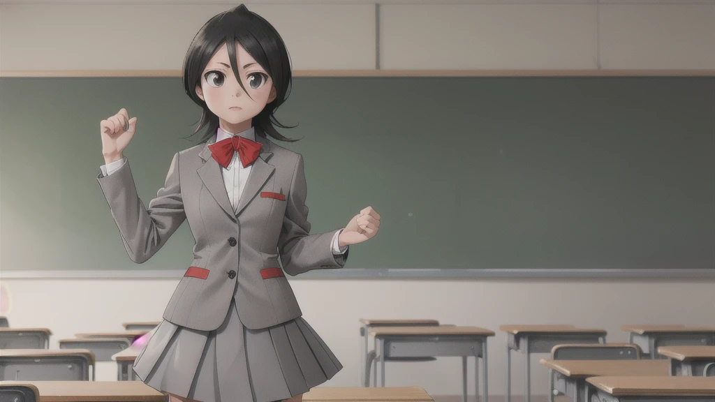 masterpiece, Highest quality, Cutchikirkia, bow tie, Grey blazer, Grey Skirt, School, classroom, Cowboy Shot,