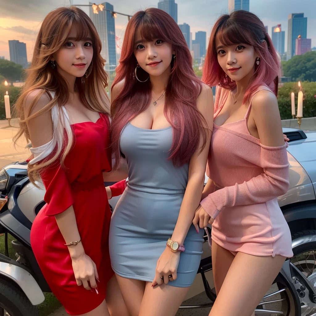 Beautiful woman in slight smile, pink mini dressed, red nails, makeup, breast cleavage, wispy bangs, earrings, best quality, at the city, masterpiece