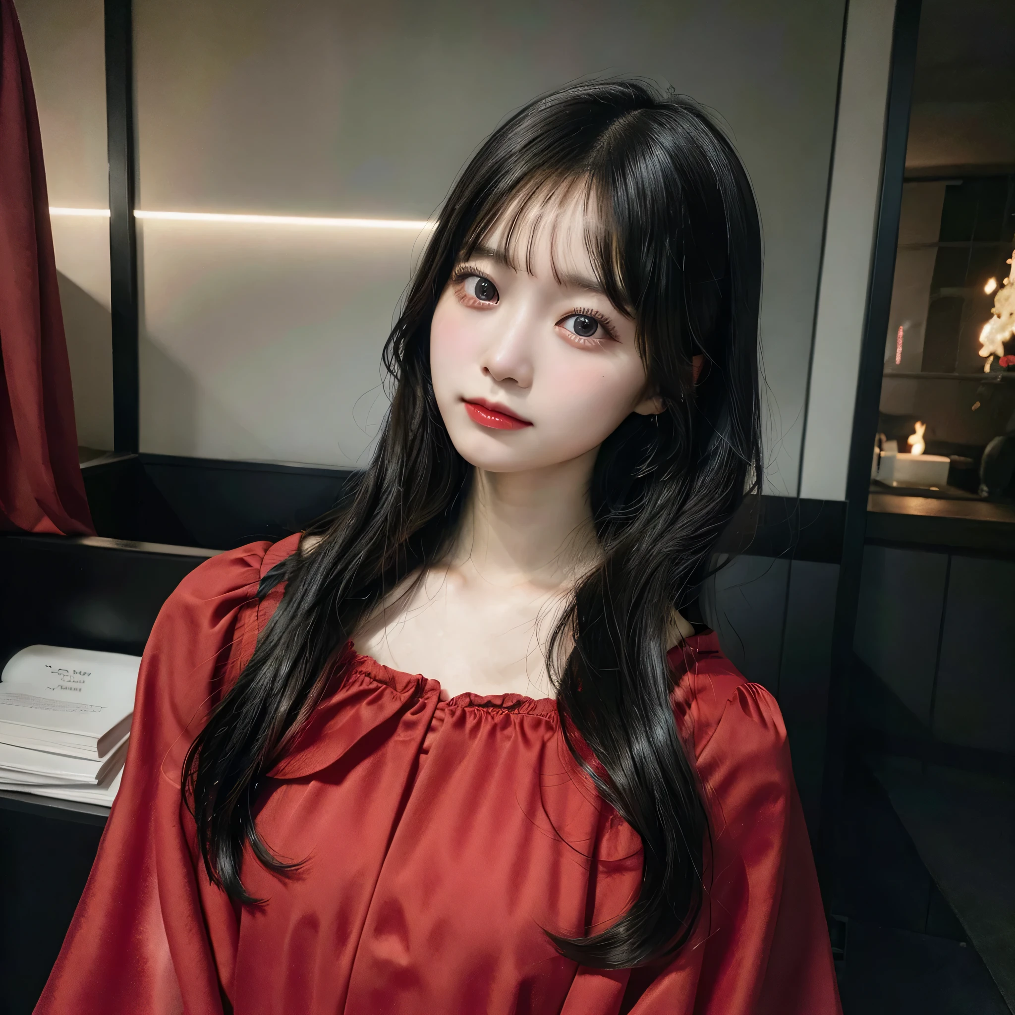 Black hair girl, red dress, japnese, masterpiece