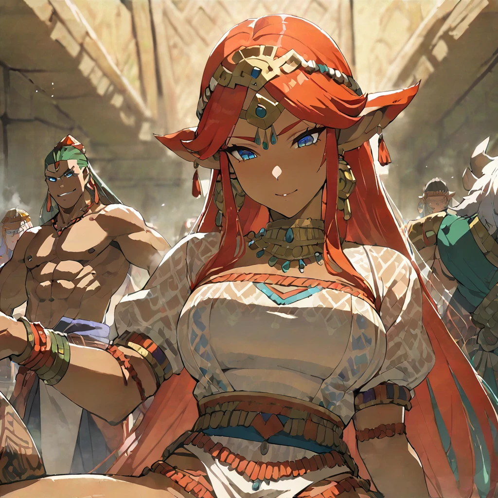 ((Highest quality)), ((masterpiece)), (detailed), （Perfect Face）、The woman is Queen Zelda of the Gerudo tribe, with red hair, blue eyes and brown skin.、The woman is wearing the sexy, see-through traditional costume of the Gerudo tribe.、The woman happily serves her beloved King Ganondorf.