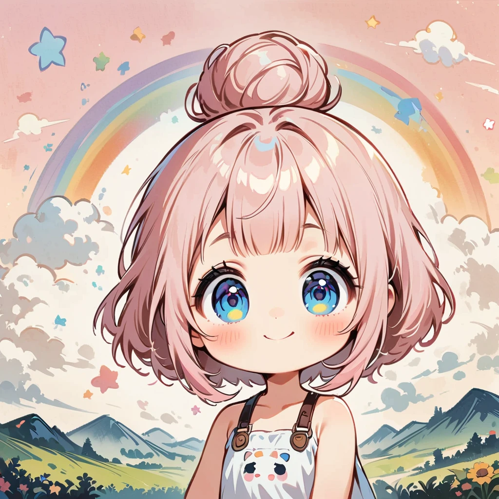 スイカを食べている、Draw a rainbow in the background、smile、pale pink hair、Short hair with a bun、Cartoon style character design，1 Girl, alone，Big eyes，Cute expression、interesting，interesting，Clean Lines