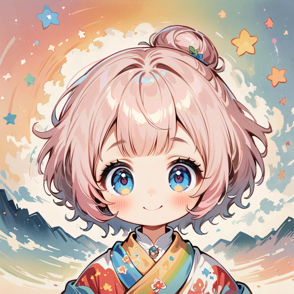 スイカを食べている、Draw a rainbow in the background、smile、pale pink hair、Short hair with a bun、Cartoon style character design，1 Girl, alone，Big eyes，Cute expression、interesting，interesting，Clean Lines