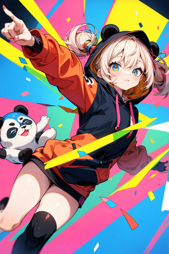 (Anime girls wear red and black hoodies, white, pink, yellow, Blue confetti on the bonnet, Cute cartoon design style, Electrical color scheme, Dark white and dark bronze, Vibrant color scheme, Happy Expressionism, 20MP, Dynocore), (Anime panda girl in a hoodie is signing autographs for the camera, Colorful mosaic style, Nightcore, Hard Edge Painting, Extending the pattern, Flicker, Cute and colorful, close), (As tiny confetti falls、Girl showing index and middle fingers, In a cute art style, Philip Pantone, Nightcore, Van Schilling, Vibrant color scheme, Dark white and dark bronze, High Vision Ministry of Defense), (A girl in a panda hoodie makes a funny face, Colorful palette style, Nightcore, Van Schilling, zigzag, UHD Images, Aztec art, Shiny)