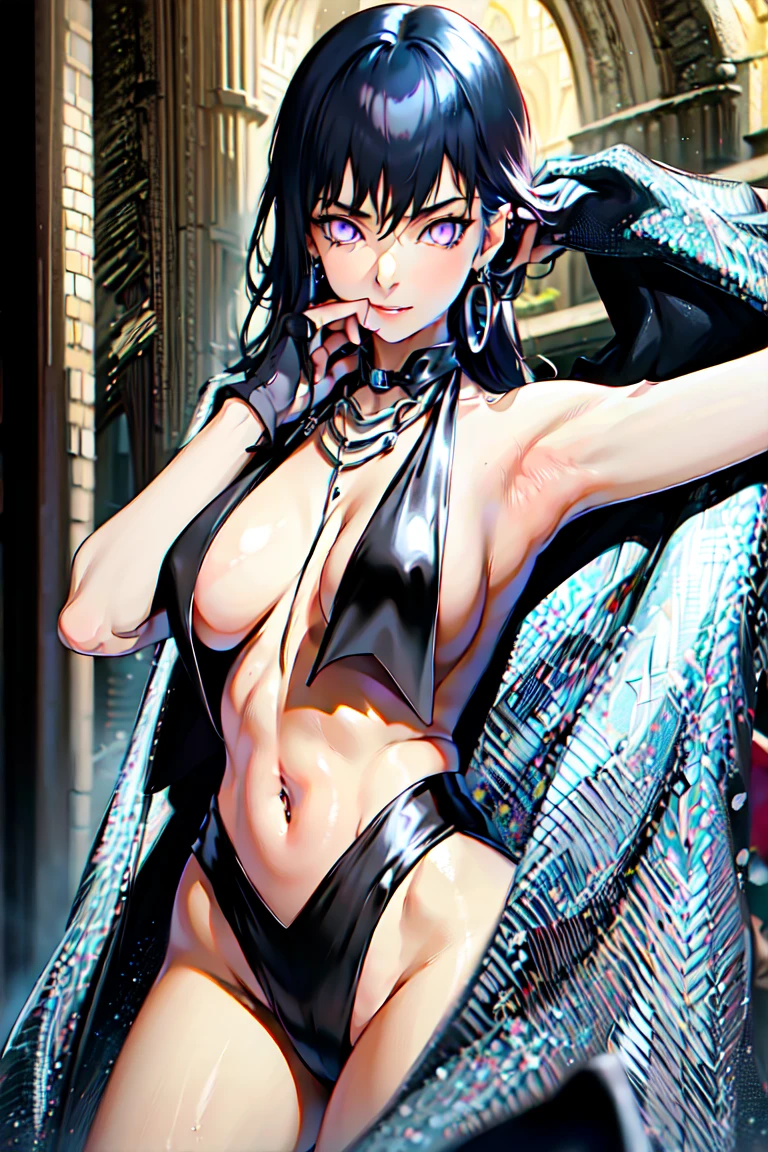 masterpiece,stunning realistic,best quality,sharpness,sharp face,smil,Photo of the fully body
black long hair,purple eyes,big ,tanktop,breast,Side breasts,cargopants with many pockets,open bellybuttons,opened up lags,black cloak,silver necklace,silver chain,black gloves