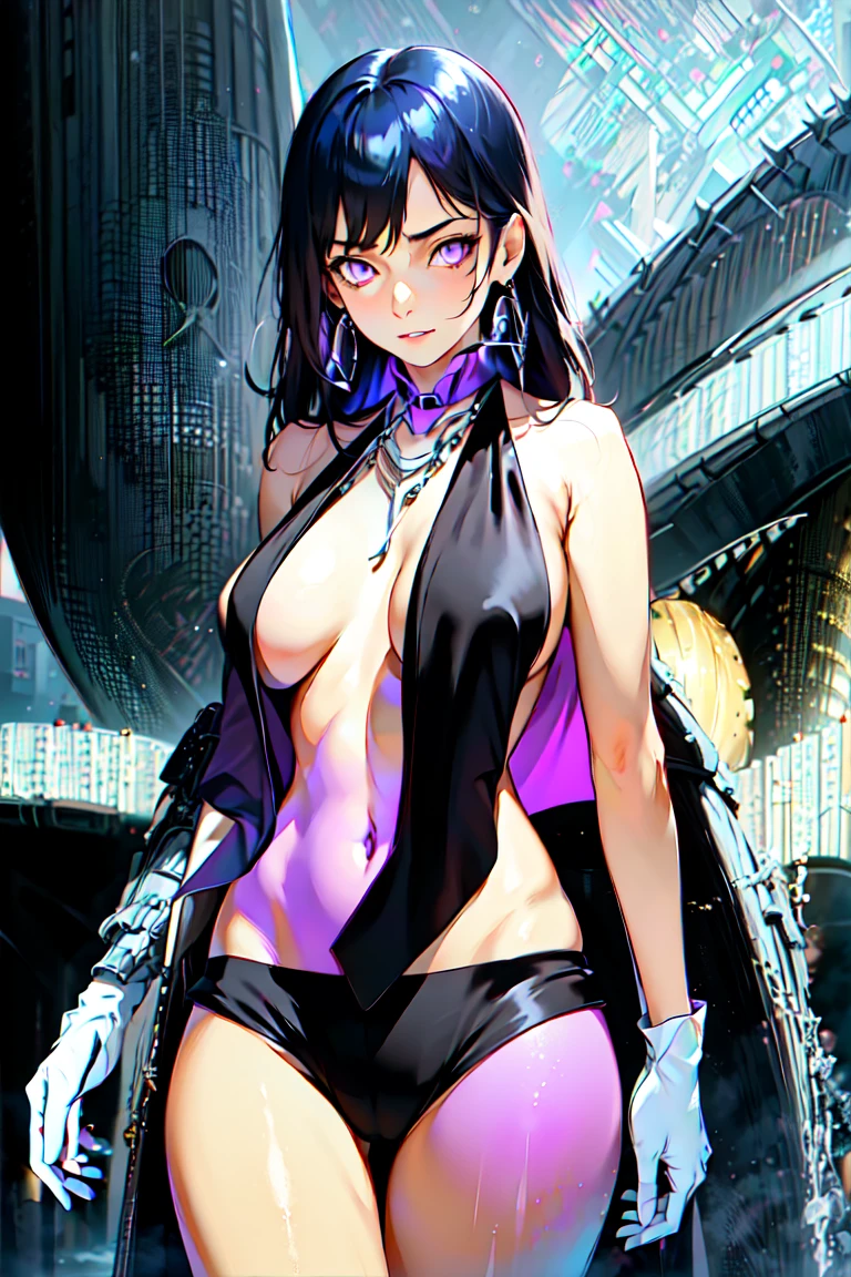 masterpiece,stunning realistic,best quality,sharpness,sharp face,smil,Photo of the fully body
black long hair,purple eyes,big ,tanktop,breast,Side breasts,cargopants with many pockets,open bellybuttons,opened up lags,black cloak,silver necklace,silver chain,black gloves