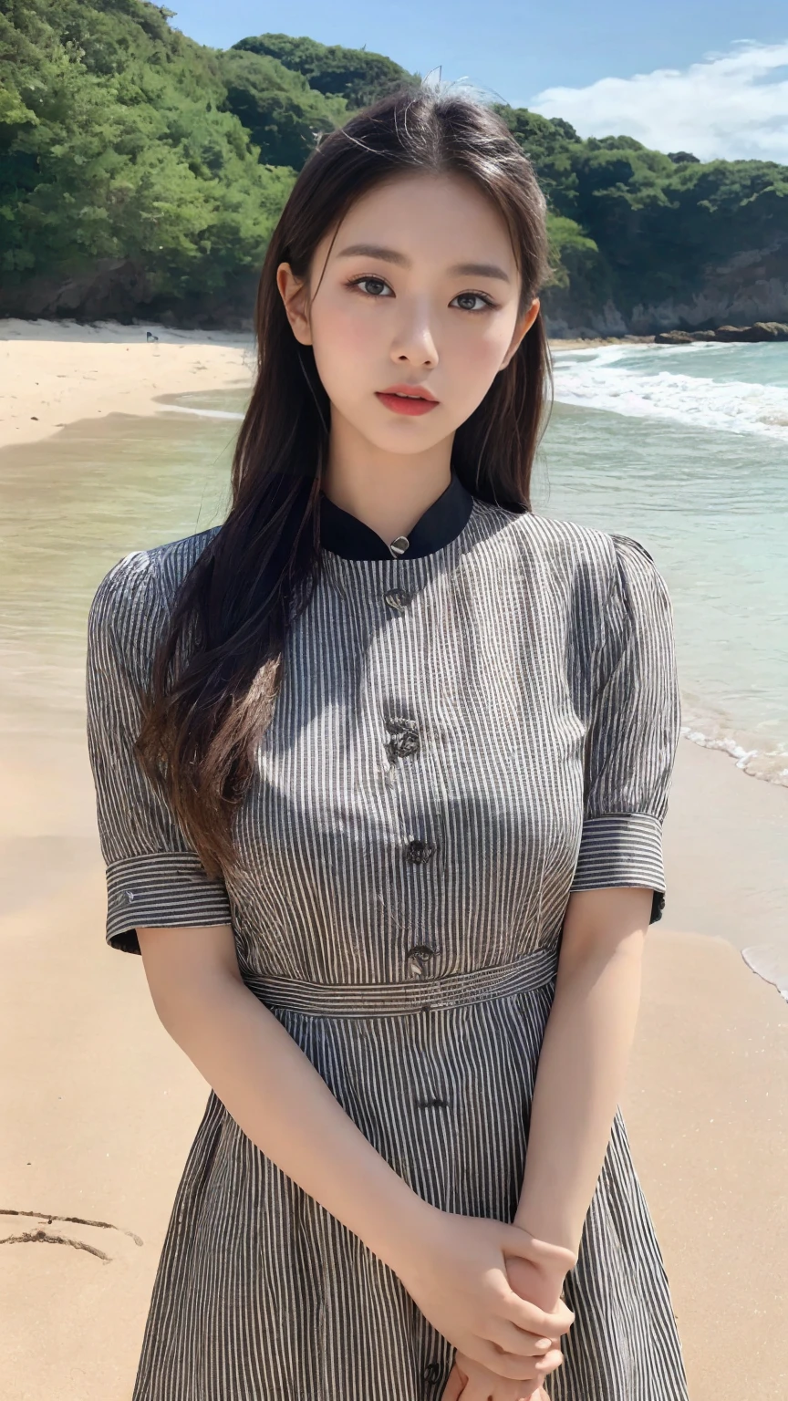 Arafe woman in black and white striped dress on the beach, beautiful korean woman, gorgeous young korean woman, gorgeous chinese model, korean girl, young cute gravure idol, beautiful young korean woman, beautiful asian girl, young and cute girl, dirla vadilumrat, super detailed face