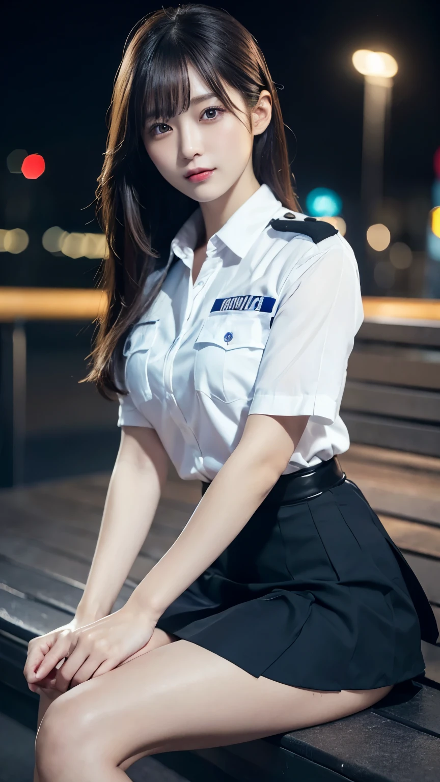 An innocent 20-year-old girl、((Japanese Police Officer, Sexy police uniform, skirt, Cute and elegant, Dramatic Pose)),smile,Night city background,shortcut、RAW Photos, (8K、Highest quality、masterpiece:1.2)、(Intricate details:1.4)、(Photorealistic:1.4)、Octane Rendering、Complex 3D rendering with ultra-detail, Studio Soft Light, Rim Light, Vivid details, Super Detail, Realistic skin texture, Detailed aspect, Beautiful details in the eyes, Highly detailed CG Unity 16k wallpaper, compensate, (Detailed Background:1.2), Glowing Skin, whole body,Put your hands down、Spread your legs and show me your panties,Sit on a bench