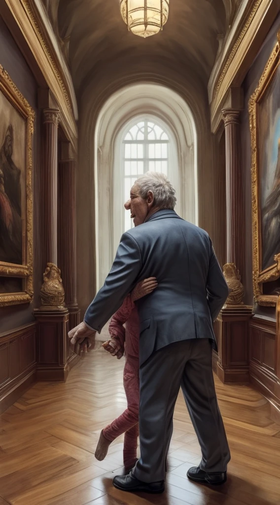 Museum, large hall with many framed photos. The old man falls to the hall floor under the painting.
The girl from the picture looks at the old man and offers him (literally) her hand from the picture to motion him to stand up