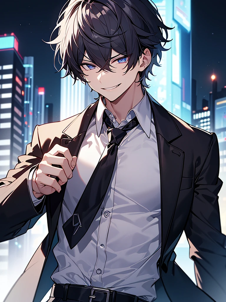 Have a professional camera:1.3、Close-up on upper body、Villain、Dark circles under the eyeodern、Downtown at night、He has a bad appearance、Lean and muscular、Trimmed short-haired、A mean smile、White shirt、