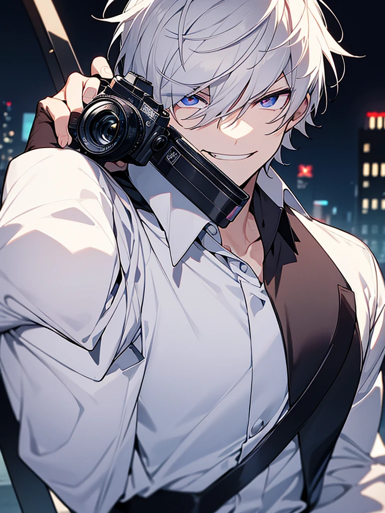 Have a professional camera:1.3、Close-up on upper body、Villain、Dark circles under the eyeodern、Downtown at night、He has a bad appearance、Lean and muscular、Trimmed short-haired、A mean smile、White shirt、