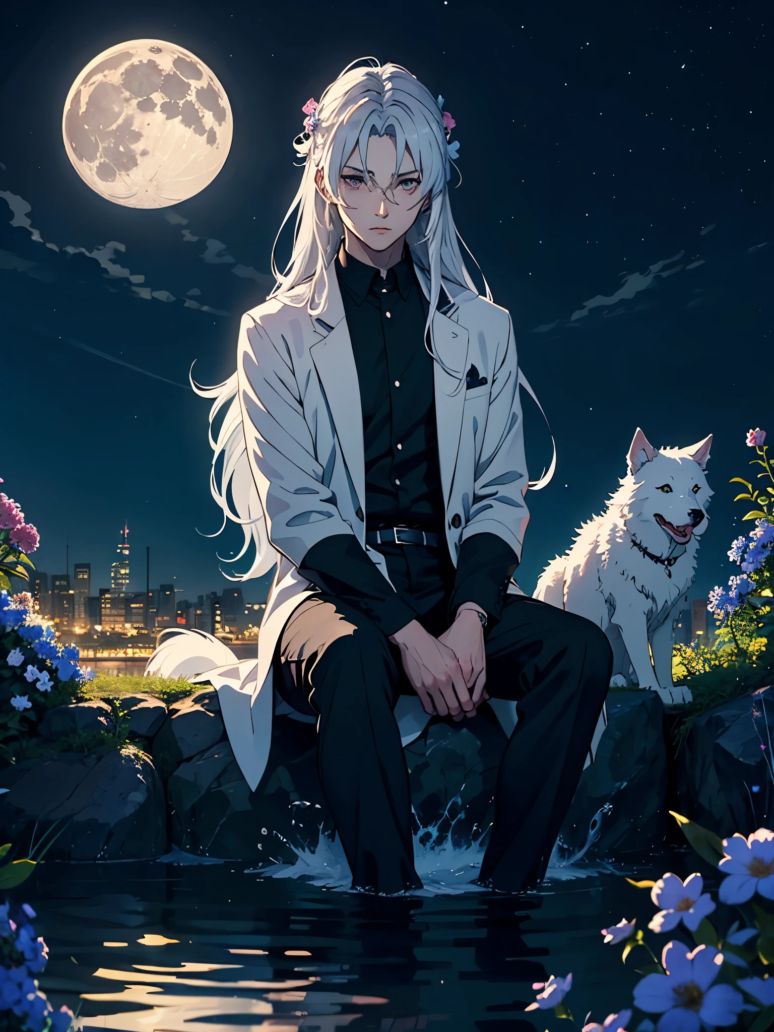Big Wolf. day lights. More anime. light blue light. Bright bright light. magical. Moon. Sitting on a big white wolf. Lightening flowers. More anime. male. Blue flowers. Long hair. long white hair. aquatic, boy, God of the Moon, silver hair accessories, White hair.