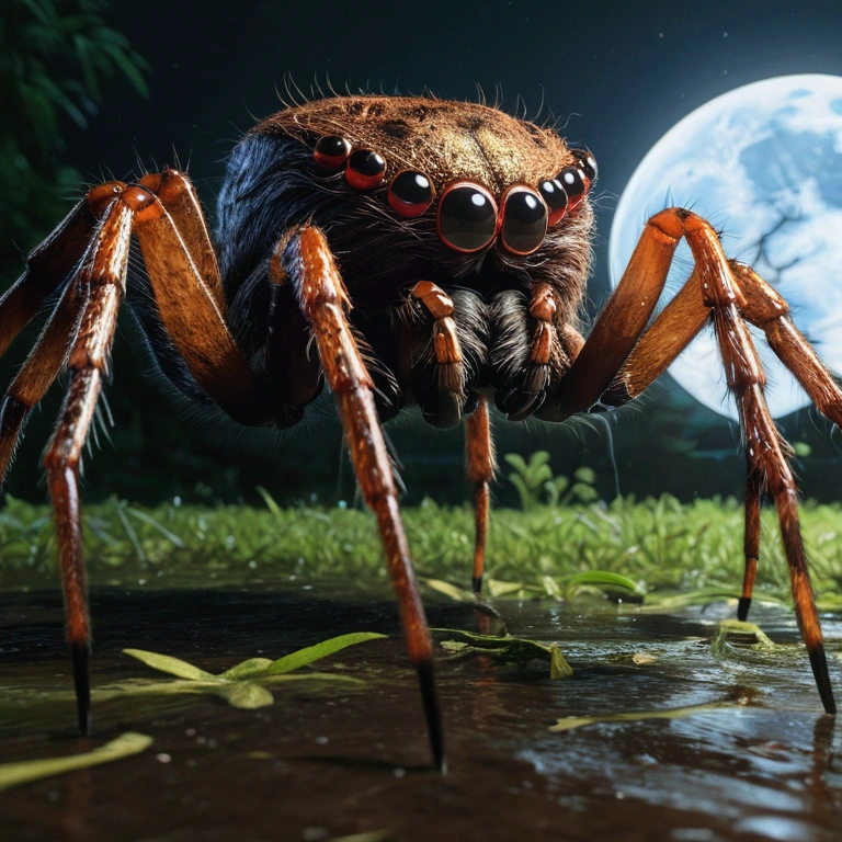 Giant hairy spider、Spider with a human face、There are cow horns on the head、Wet,slimy,Reflex muscles,Rural Japan, moon, Realistic, Very detailed, Complex,Unreal Engine,Sinomatic Lighting,Wide-angle lens, Action Shots,8K, HyperRealistic movie poster