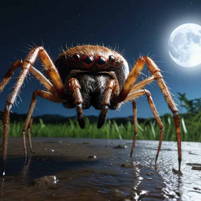 Giant hairy spider、Spider with a human face、There are cow horns on the head、Wet,slimy,Reflex muscles,Rural Japan, moon, Realistic, Very detailed, Complex,Unreal Engine,Sinomatic Lighting,Wide-angle lens, Action Shots,8K, HyperRealistic movie poster