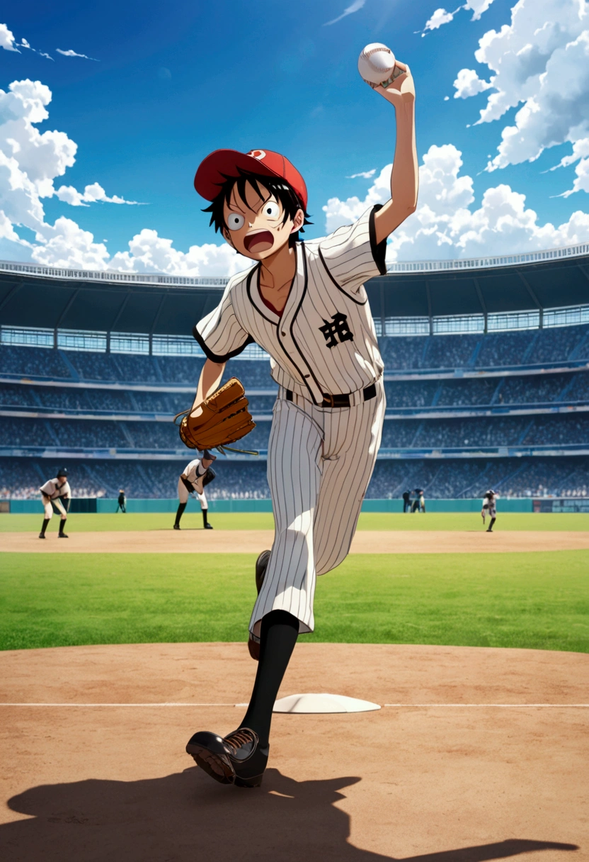 Japanese Anime《One Piece》Luffy as a baseball pitcher, One wears a straw hat、black hair、Little boy with a determined expression,Pitching on a baseball field,Anime style、Dynamic action poses、Vibrant colors、High Detail、8K、Clear focus、3D Rendering、dynamic motion blur、Dramatic shadows、Atmospheric background、Blue sky and white clouds、Lush green grass field、Stadium in the background、
